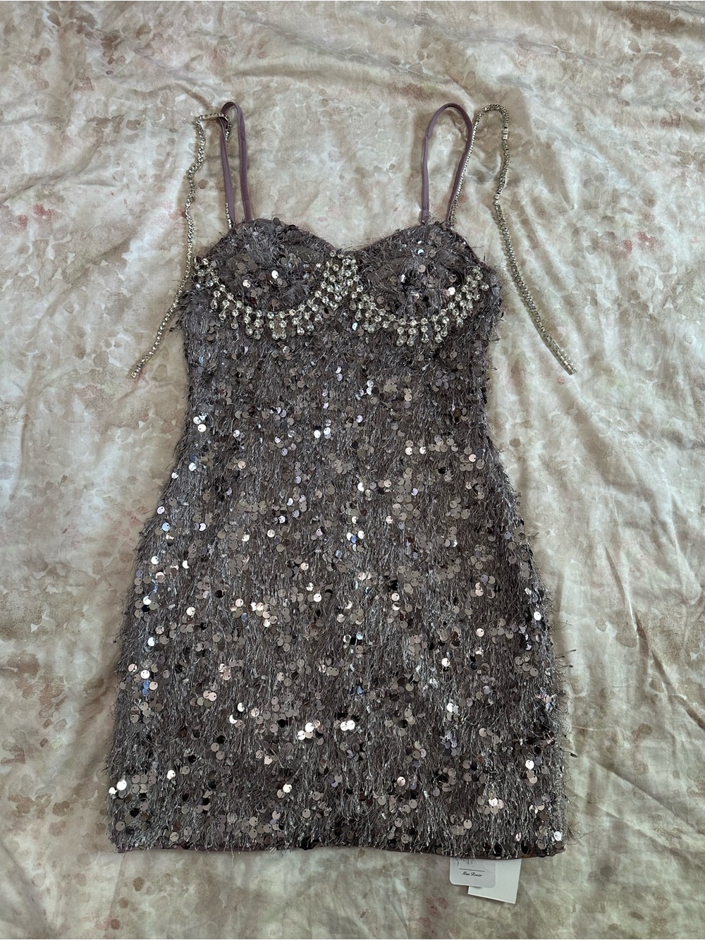 Embellished Gray Sequin Mini Dress with Crystal Straps